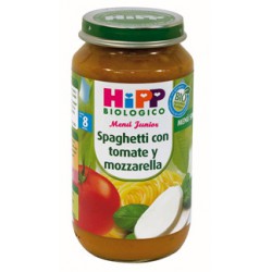Hipp biologique Potito. Spaghetti à la tomate et mozzarella. Menu junior huit mois.